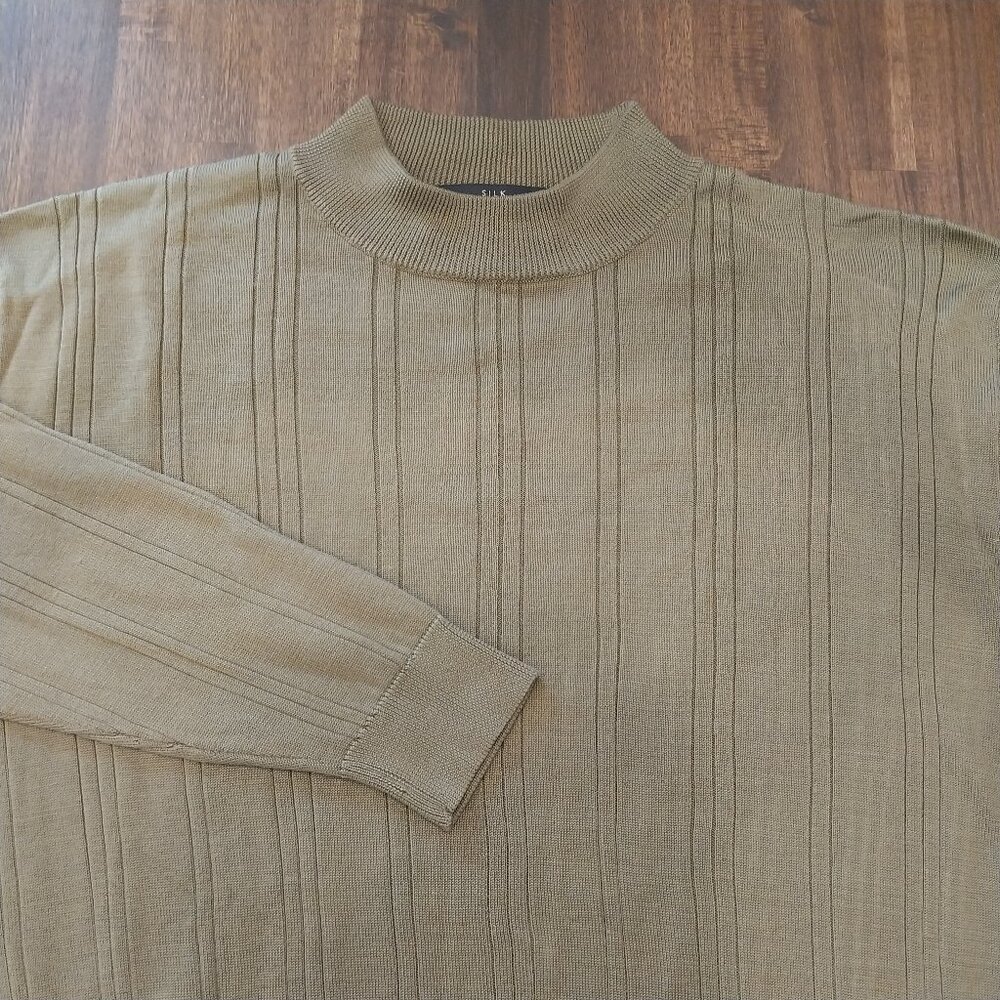 Murano 100% Silk Sweater Mens XL Olive Green Crew Neck Knit Pullover Long Sleeve